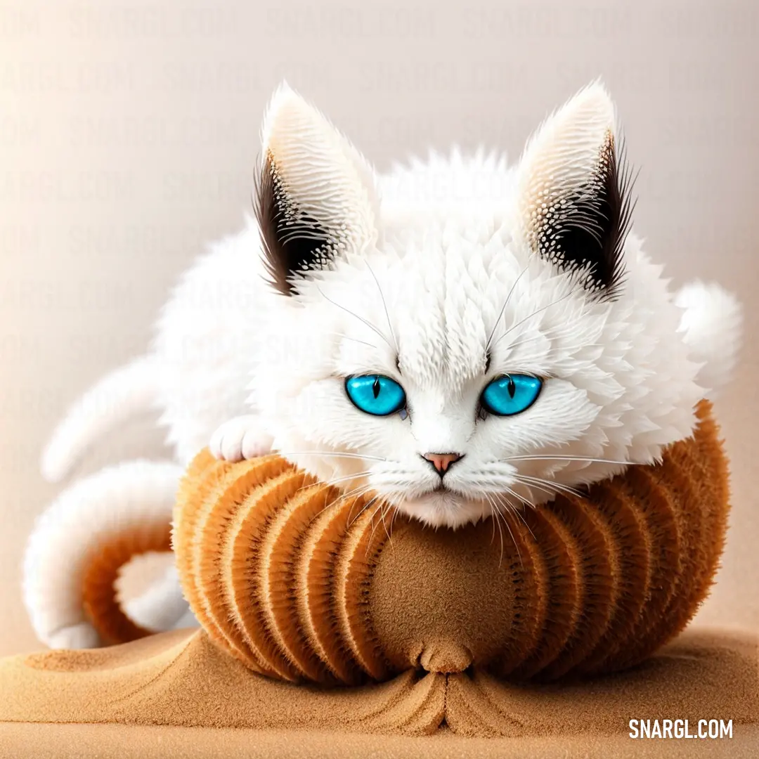 White cat with blue eyes on a pillow with a pillow on it's back and a pillow on its side. Color #FCFCFB.