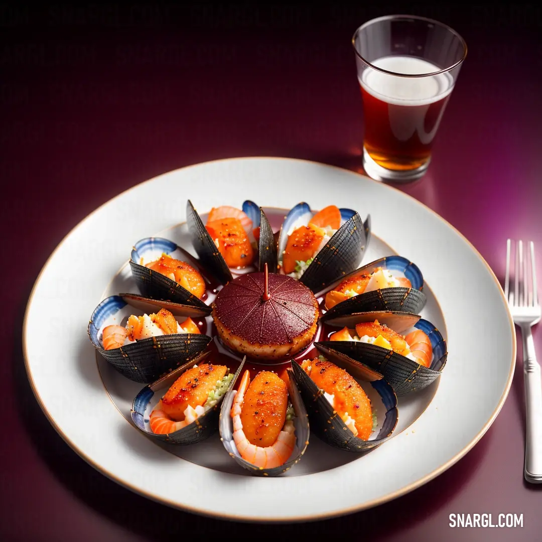Plate of steamed mussels with a glass of beer in the background. Color CMYK 0,0,1,1.
