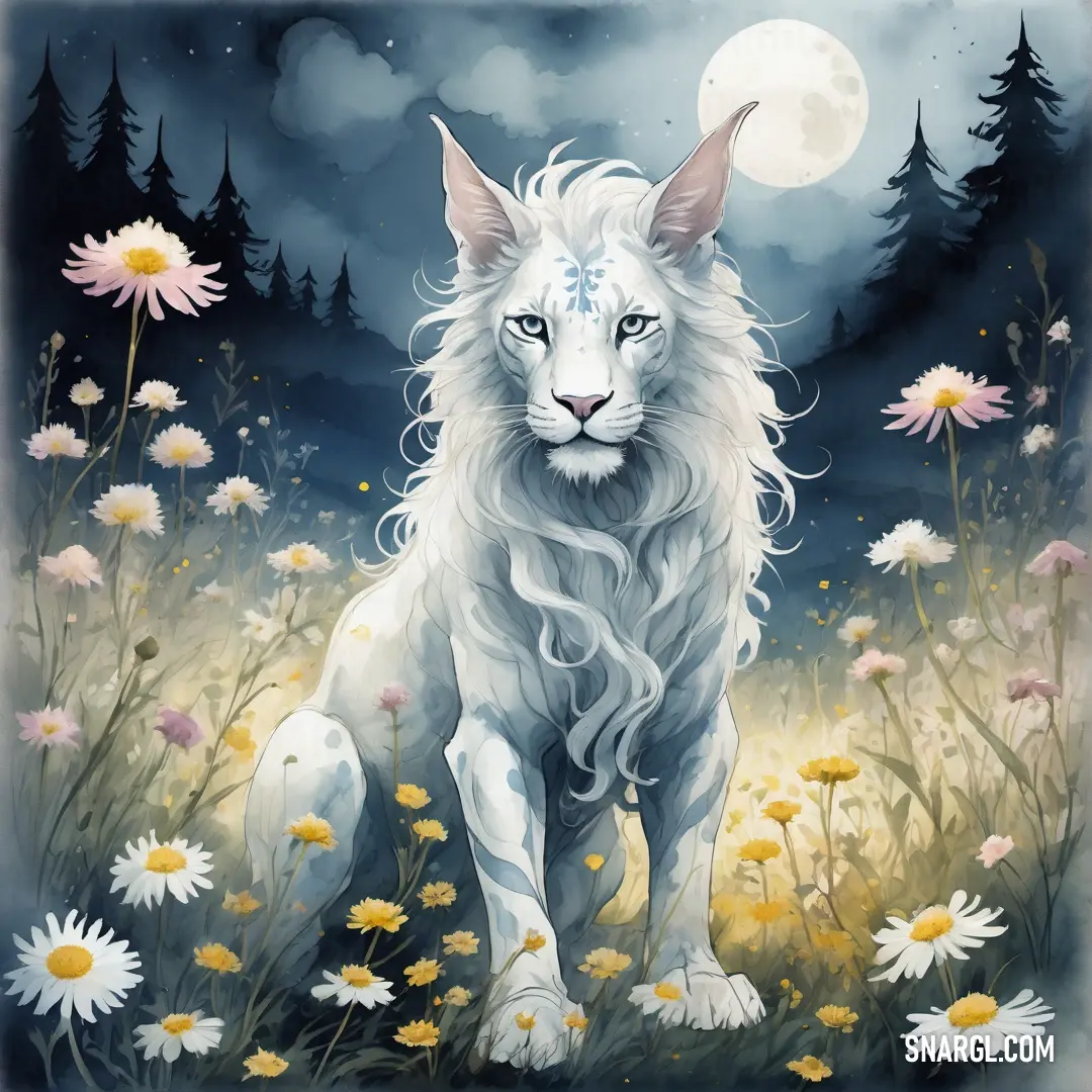 NCS S 0502-B color. Painting of a white lion in a field of flowers with a full moon in the background