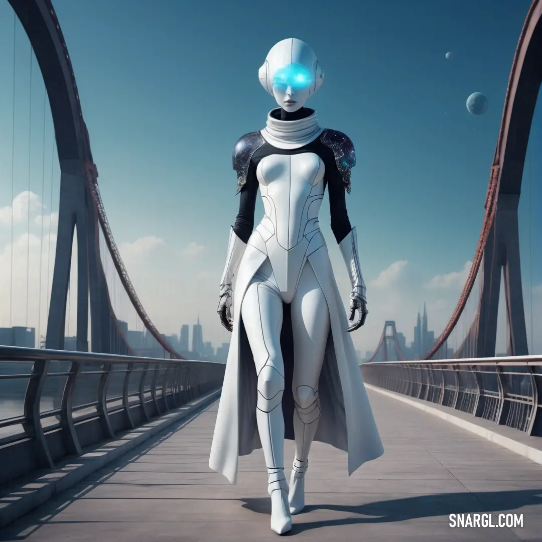Woman in a futuristic suit walking across a bridge with a futuristic helmet on her head and a futuristic body suit on