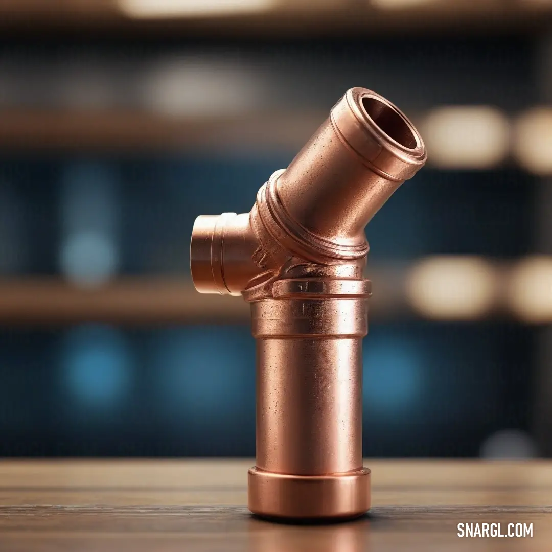 A single, glistening copper pipe rests on a rustic wooden table, set against a softly blurred backdrop, capturing the vibrant contrast of colors represented by the CMYK 3,0,4,0 palette.