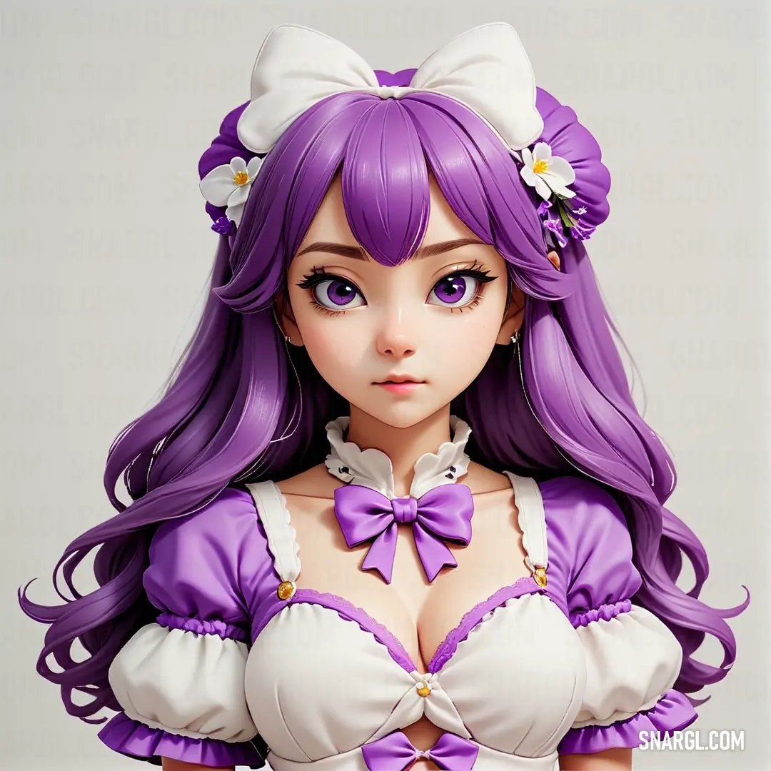 Doll with purple hair and a white shirt with a bow around her neck. Color CMYK 3,0,4,0.