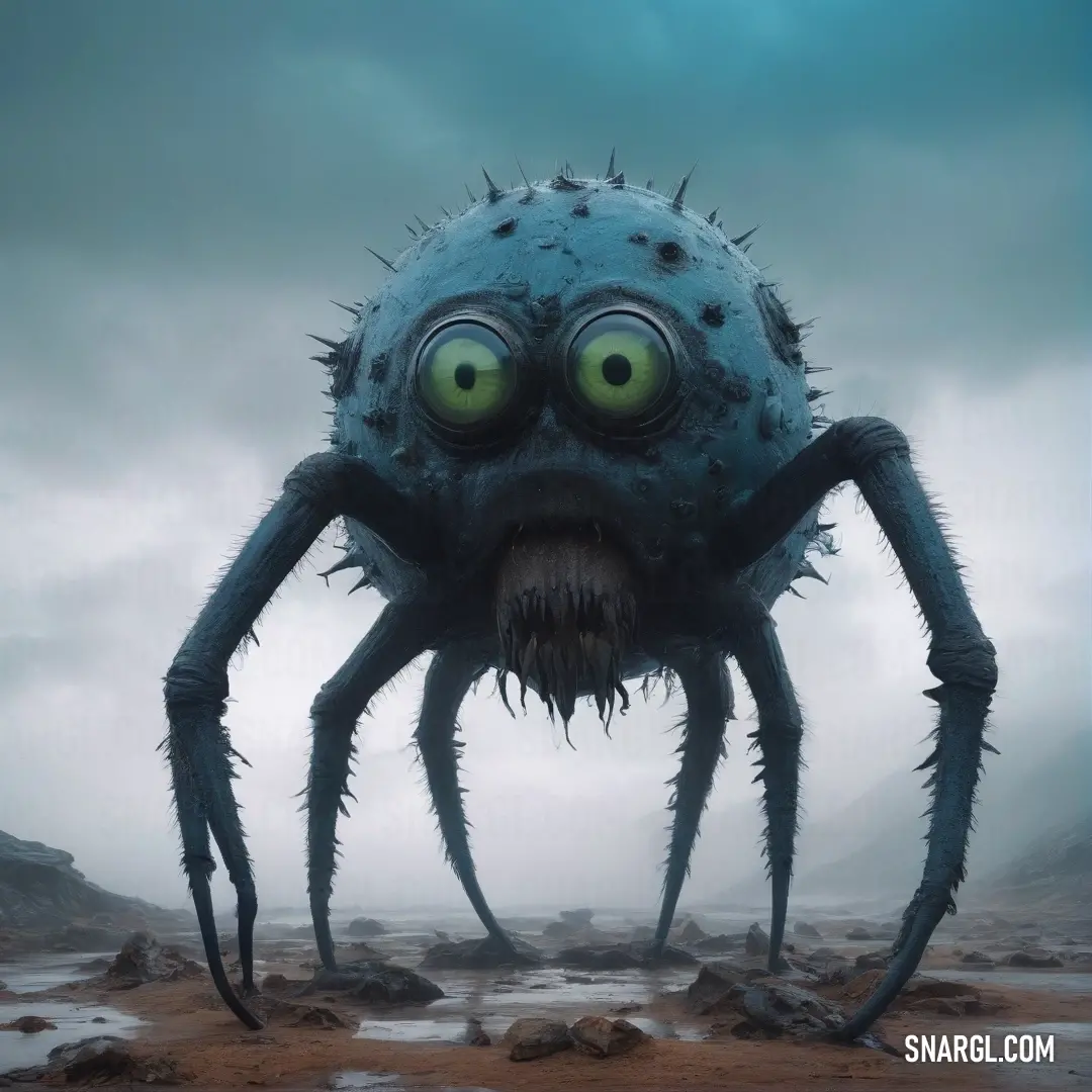 A fearsome large spider gazes intensely with big eyes, showcasing its uniquely eerie charm while perched against a dramatic backdrop, eliciting curiosity and caution in equal measure.