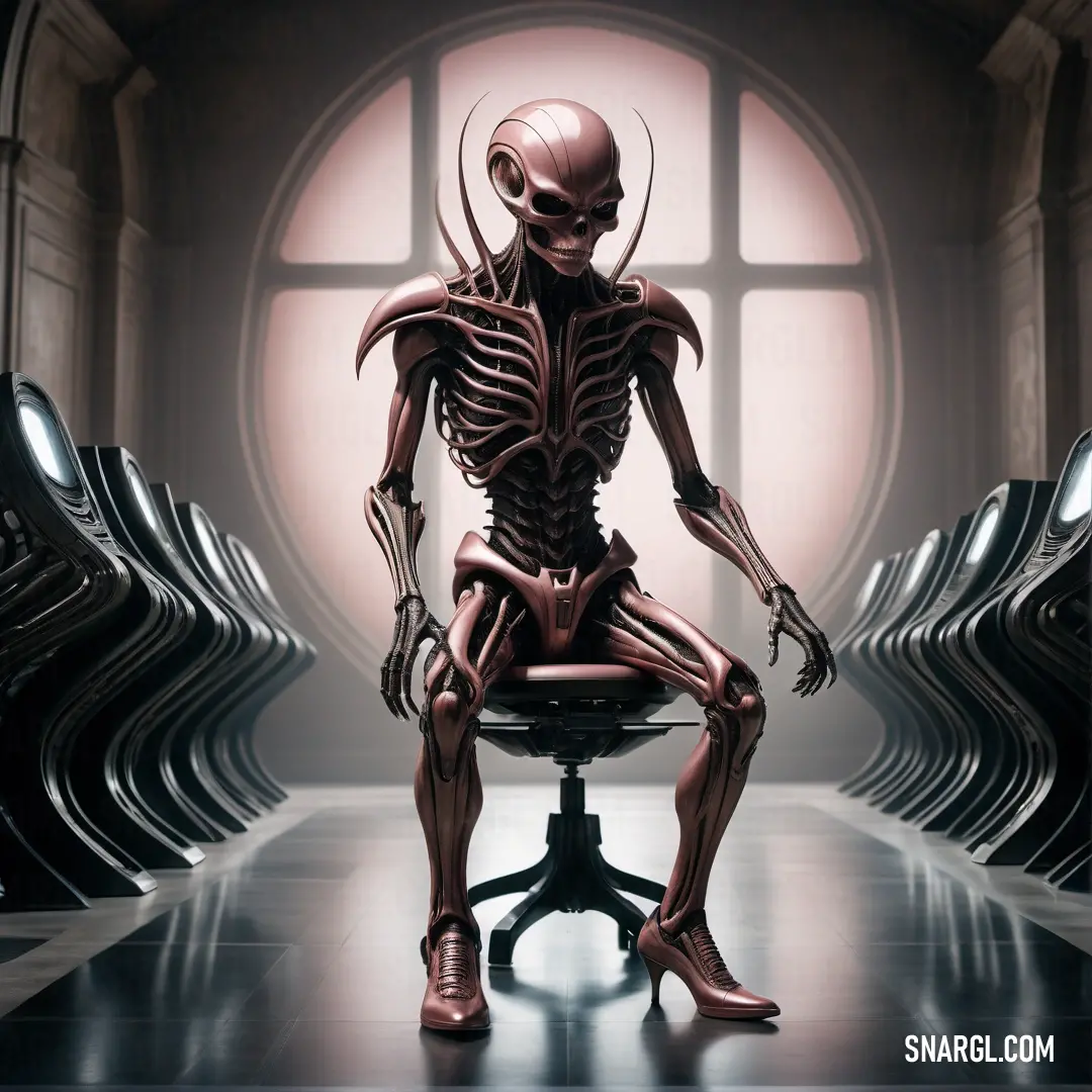 A skeleton sits motionless in a chair, located in a dimly lit room with a round window and soft lighting. The pale glow of #FAFDF8 adds an eerie, yet tranquil, atmosphere to the scene.