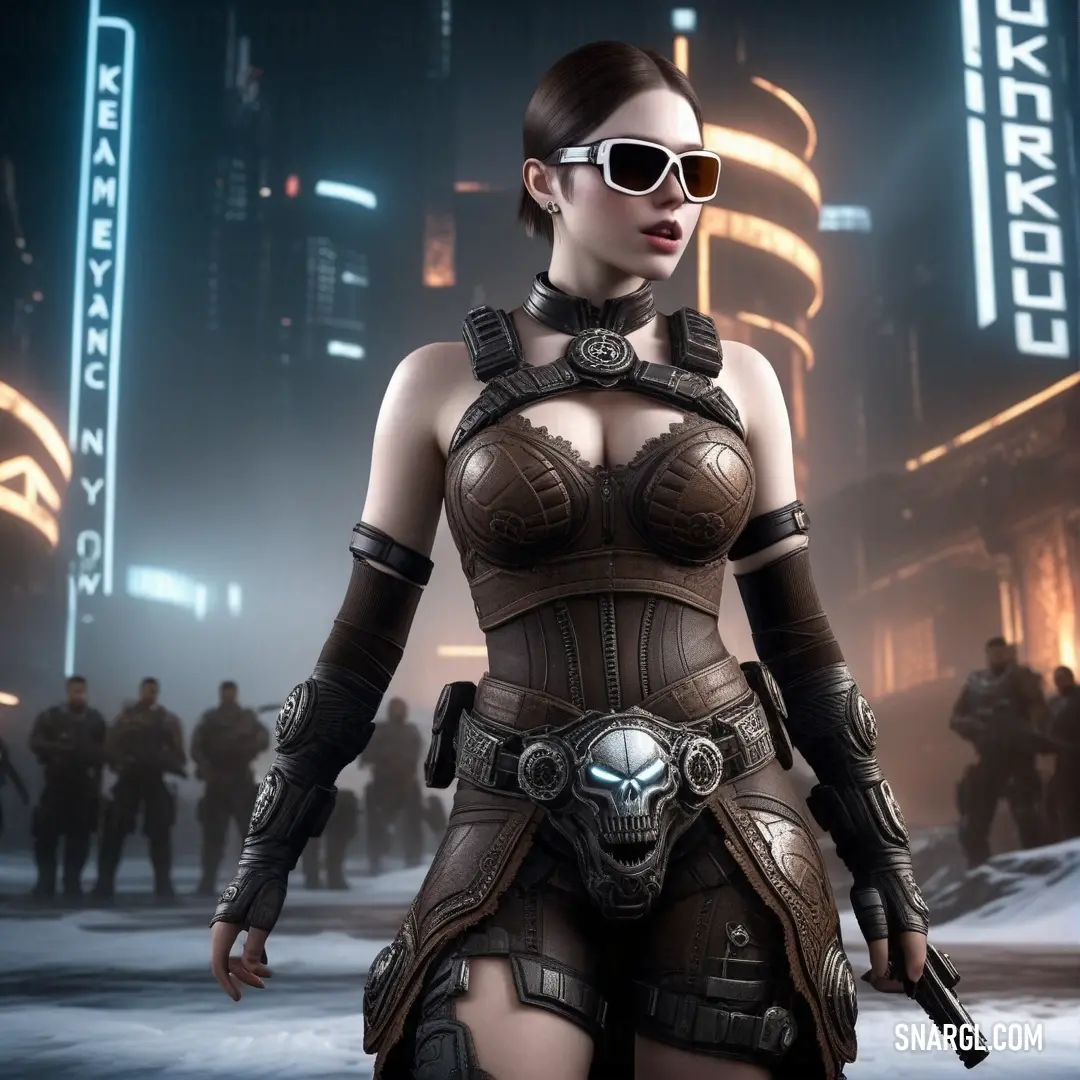 In a captivating night scene, a woman dressed in a bold futuristic outfit and stylish sunglasses stands confidently, a sleek gun in hand, against the backdrop of a city illuminated by twinkling lights, evoking an atmosphere of thrill and adventure.