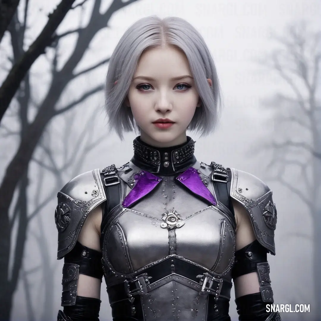 A fierce woman clad in striking silver armor and an eye-catching purple collar stands defiantly before a bare, leafless tree, symbolizing strength and resilience against a stark yet hauntingly beautiful backdrop.