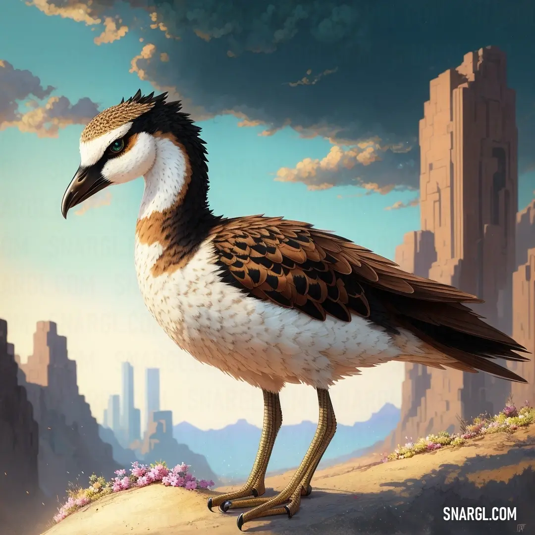 NCS S 0502-G color. Bird with a long neck and a long beak standing on a rock in front of a cityscape