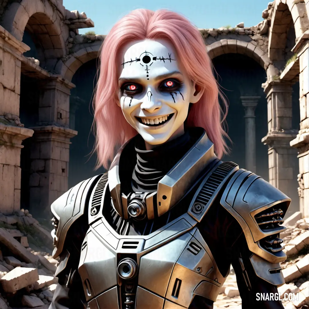 Woman with pink hair and makeup in a costume with a skeleton face paint on her face. Color CMYK 3,0,5,0.