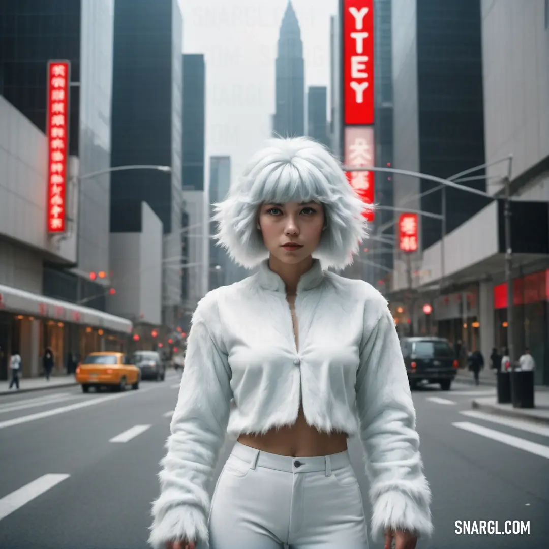 Woman with white hair and a white jacket on a city street with tall buildings in the background. Color NCS S 0502-G.