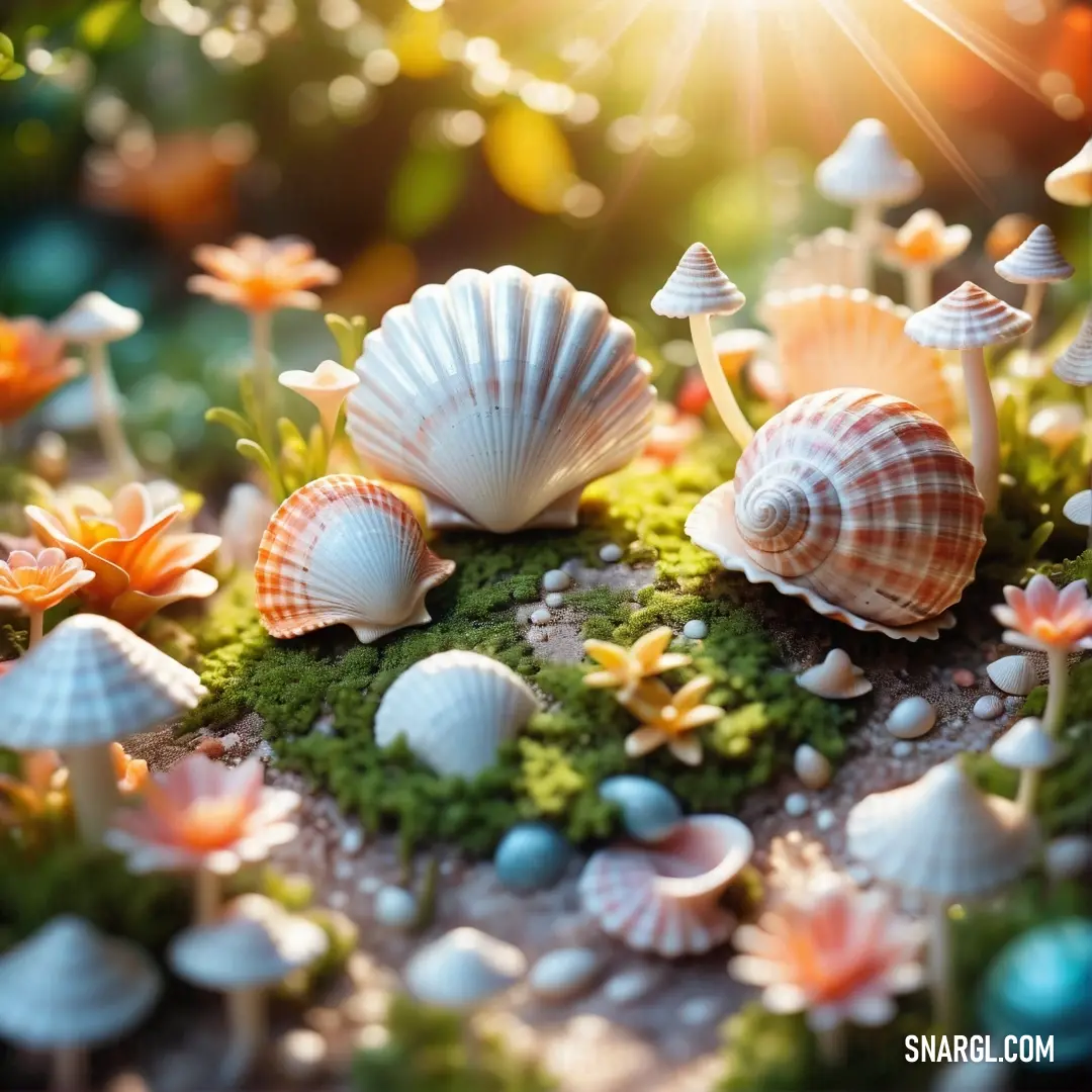 Close up of shells on a mossy surface with flowers and plants in the background. Example of RGB 255,251,248 color.