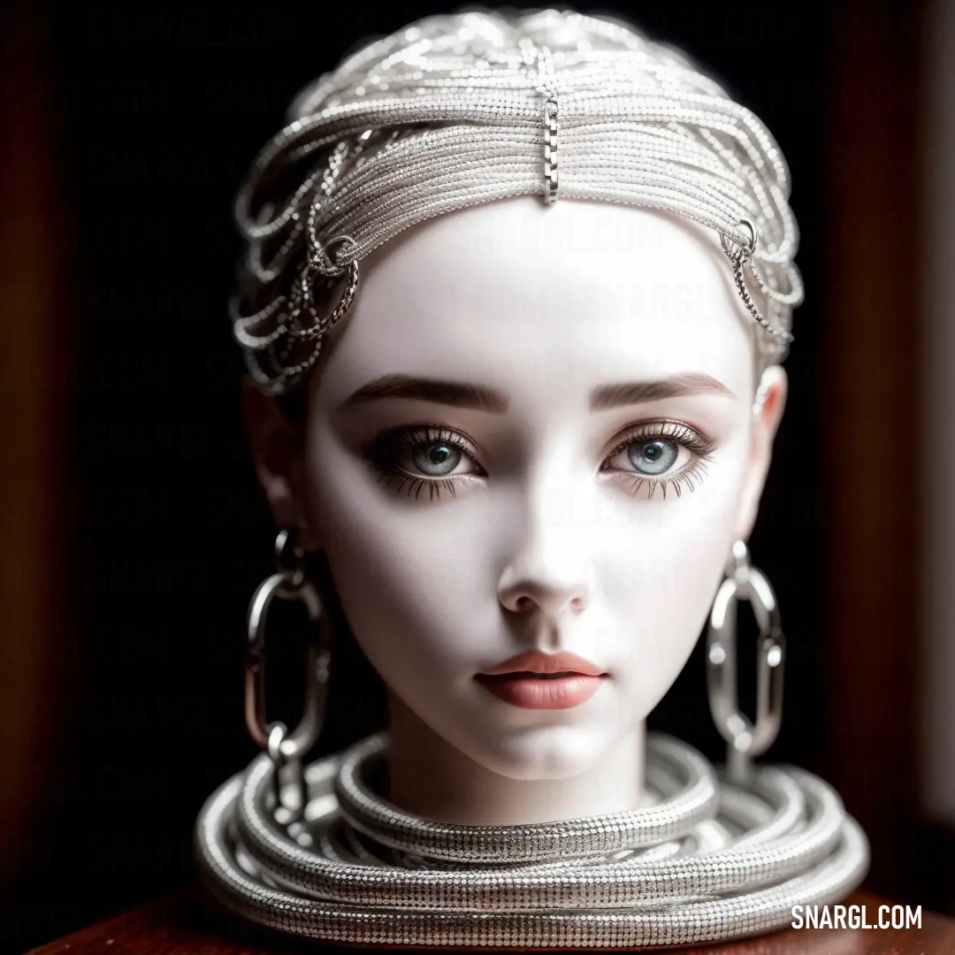 Mannequin head with a white headpiece and large hoop earrings on it's head and a wooden table. Example of RGB 255,251,248 color.