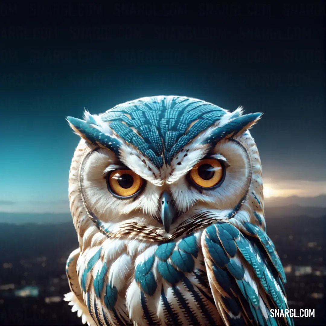 Owl with a blue and white pattern on its face and yellow eyes is standing in front of a cityscape. Color #FFFBF8.