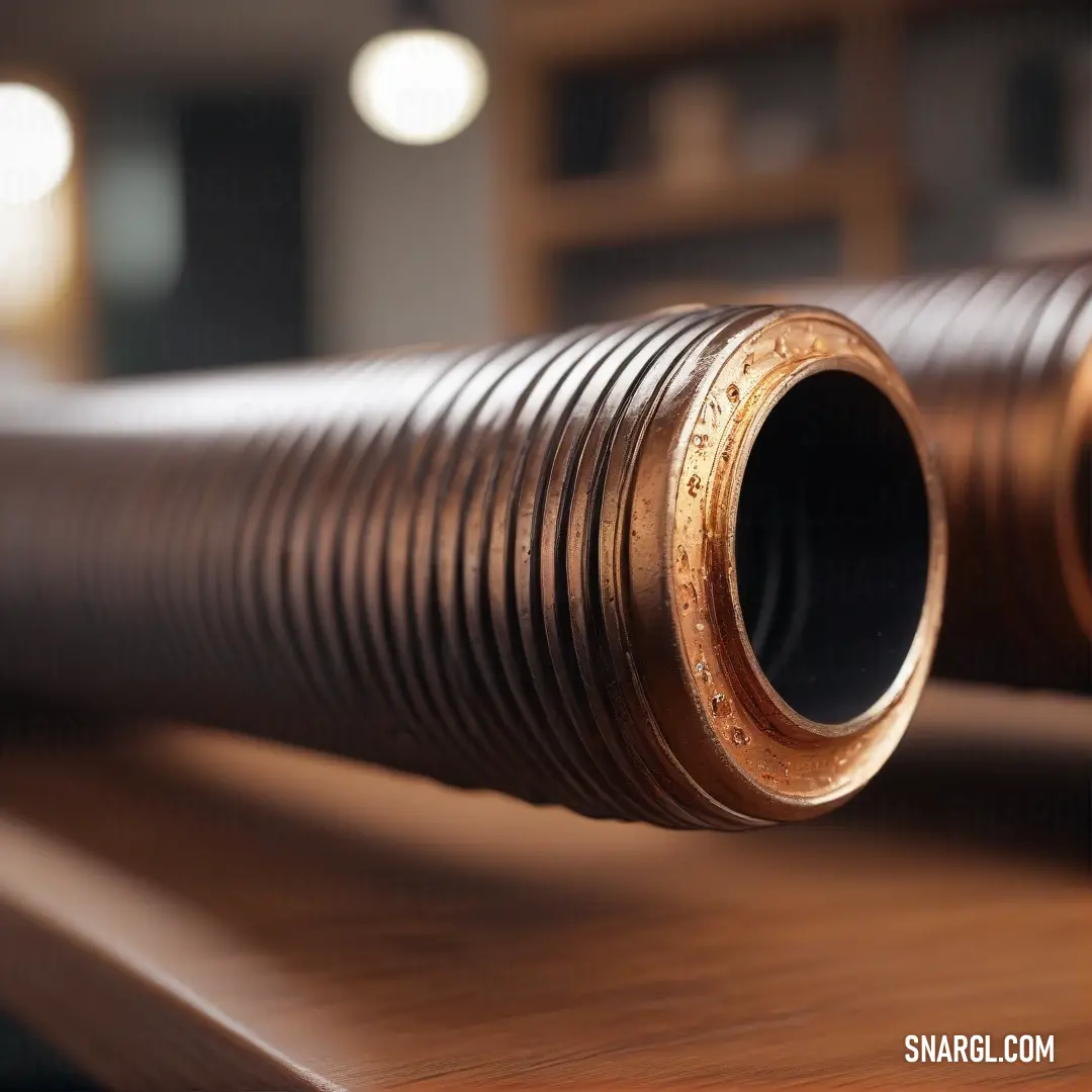 A detailed close-up of a polished metal pipe, resting confidently on a table, accompanied by a soft-focus background. The colors blend harmoniously in a CMYK 2,2,0,0 representation for texture and depth.