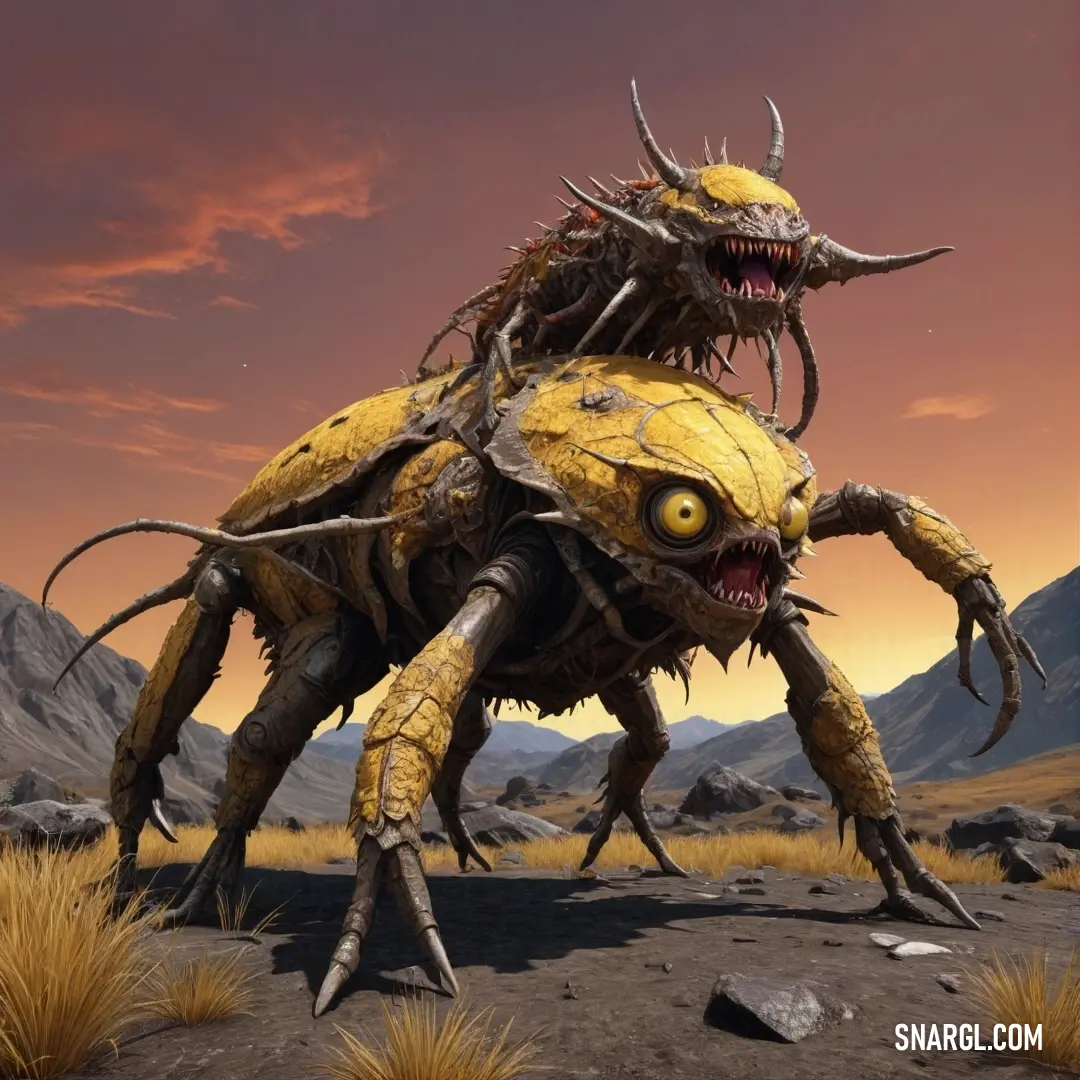 A colossal creature with mesmerizing yellow eyes and imposing horns towers against the backdrop of a vast desert landscape, with jagged mountains looming in the distance under a clear blue sky.