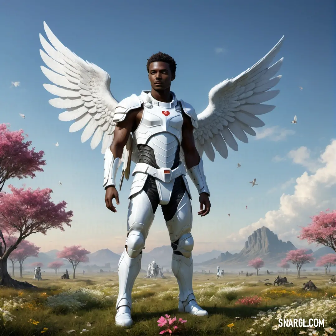 Man in a white suit with wings standing in a field of flowers and trees with a mountain in the background. Color RGB 252,251,253.