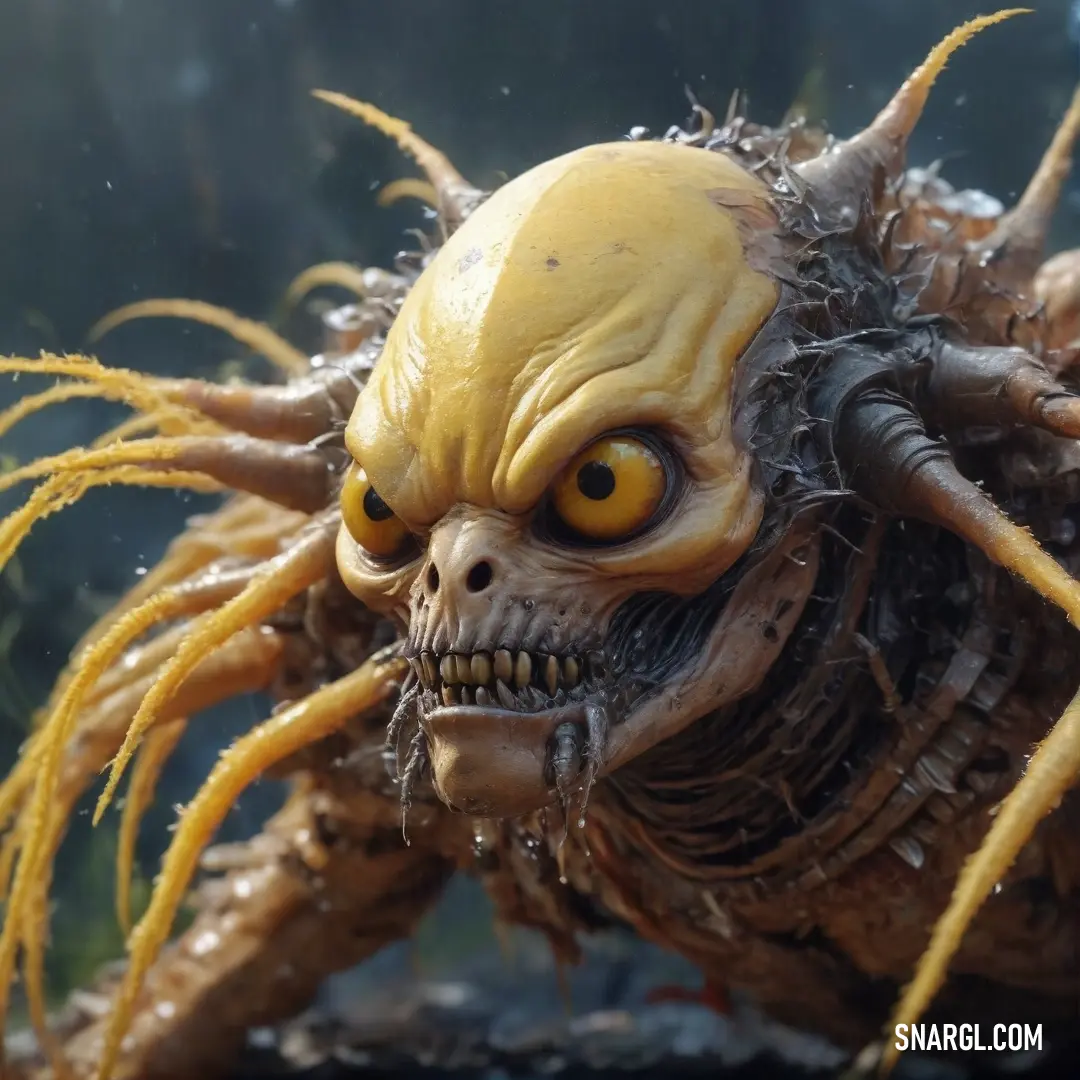 An eerie close-up of a creature with striking yellow eyes and unkempt hair accentuates its grotesque features, creating an unsettling yet fascinating image that captures the viewer's imagination.