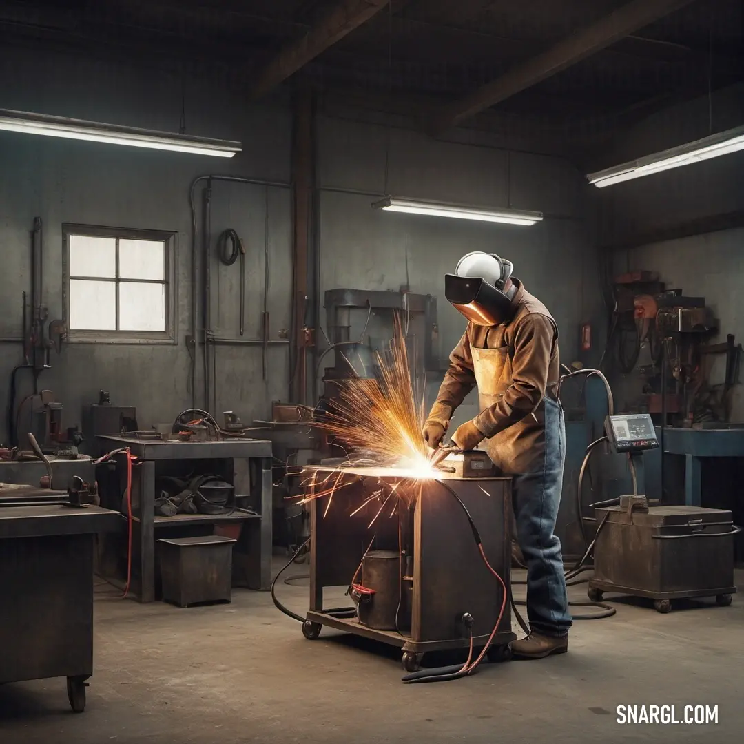 A powerful moment captured in a factory setting, where a skilled worker expertly welds a metal piece with a torch, surrounded by the soft glow indicative of the color #FCFBFD illuminating the workspace.