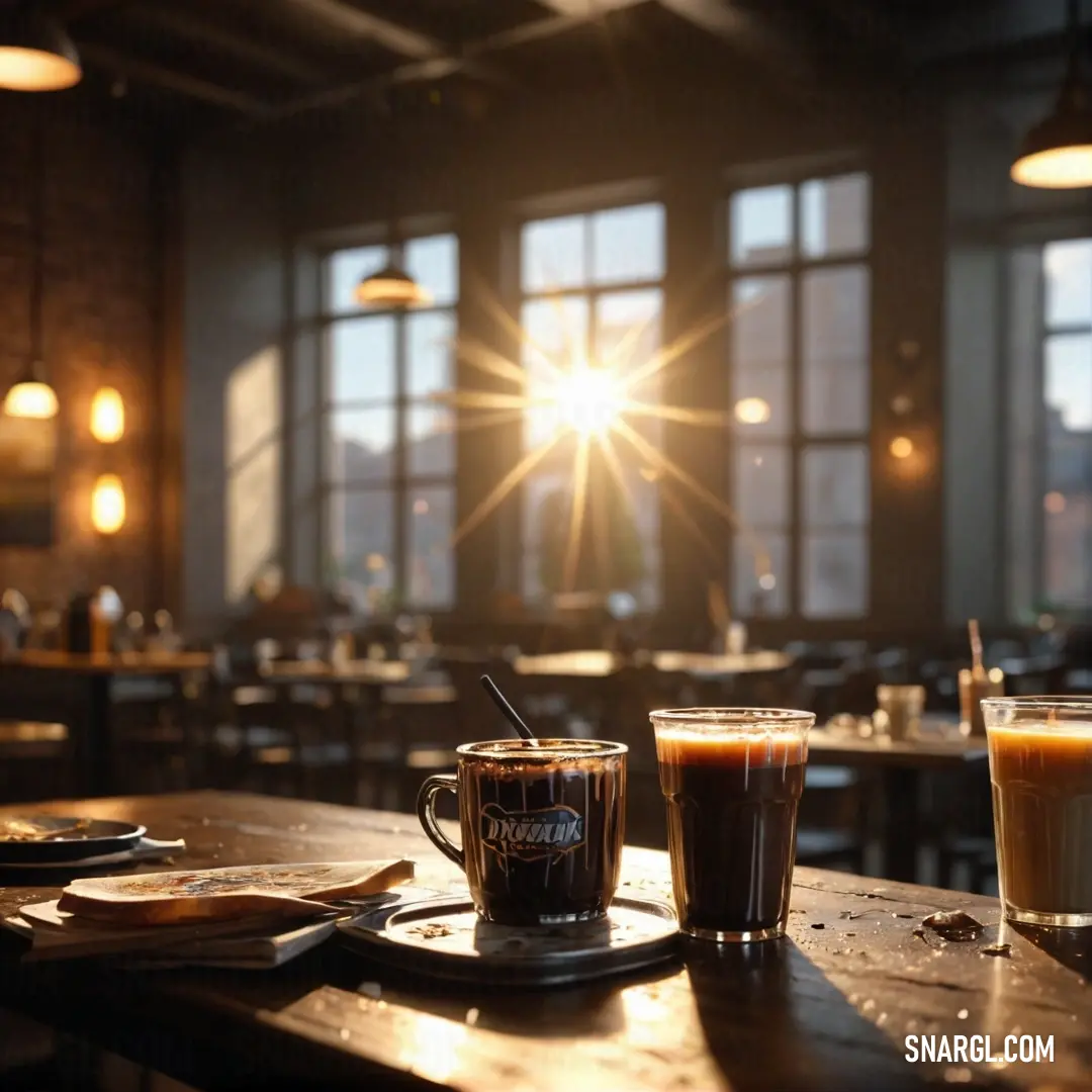 A tranquil moment captured at a restaurant, where two steaming cups of coffee rest on a polished table, illuminated by soft sunlight filtering through large windows. This scene invites warmth and camaraderie.