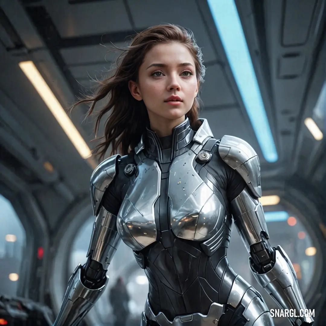 A woman clad in a sleek, futuristic suit stands poised in a high-tech space station, gripping a gun with confidence while wearing a helmet that reflects her readiness for any adventure beyond the stars.