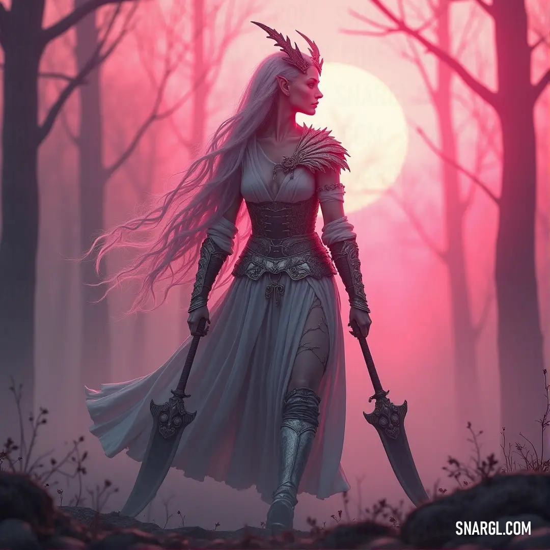 A powerful woman wielding two swords stands tall in a moonlit forest, her unique horned headpiece adding an element of mystique and strength to the scene, set against a backdrop of towering trees.