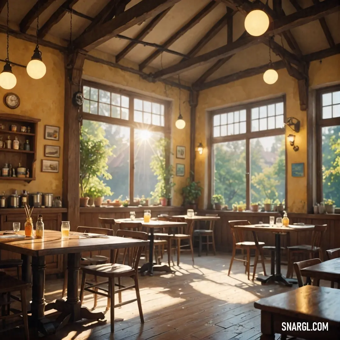 An airy restaurant setting unfolds with multiple tables and chairs positioned beneath expansive windows, allowing natural light to flood the space. This vibrant atmosphere encourages social interaction and enjoyment.