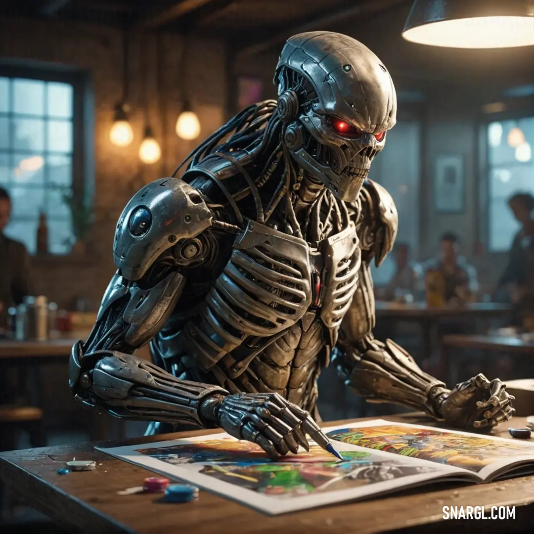 A futuristic robot sits at a table, engrossed in a book while holding a pen in one hand. In the background, a man observes with intrigue, creating a scene of curiosity and exploration in an advanced setting.