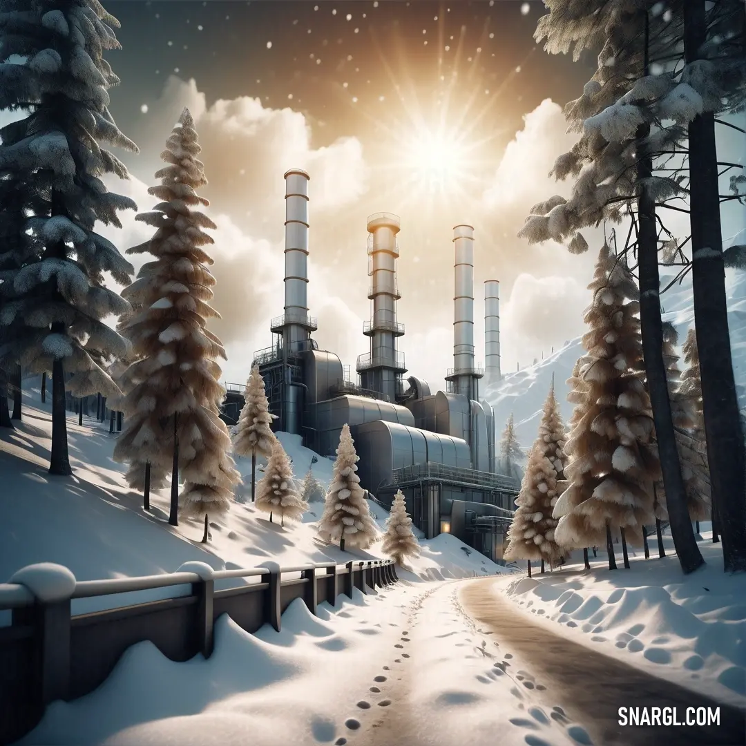 Snowy landscape with a factory and trees in the foreground. Color #FCFBFD.