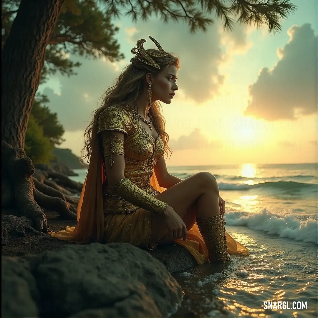 A woman in a whimsical costume rests upon a rock at sunset, overlooking the ocean, with a tree silhouetted in the background, creating a magical atmosphere filled with wonder and tranquility.