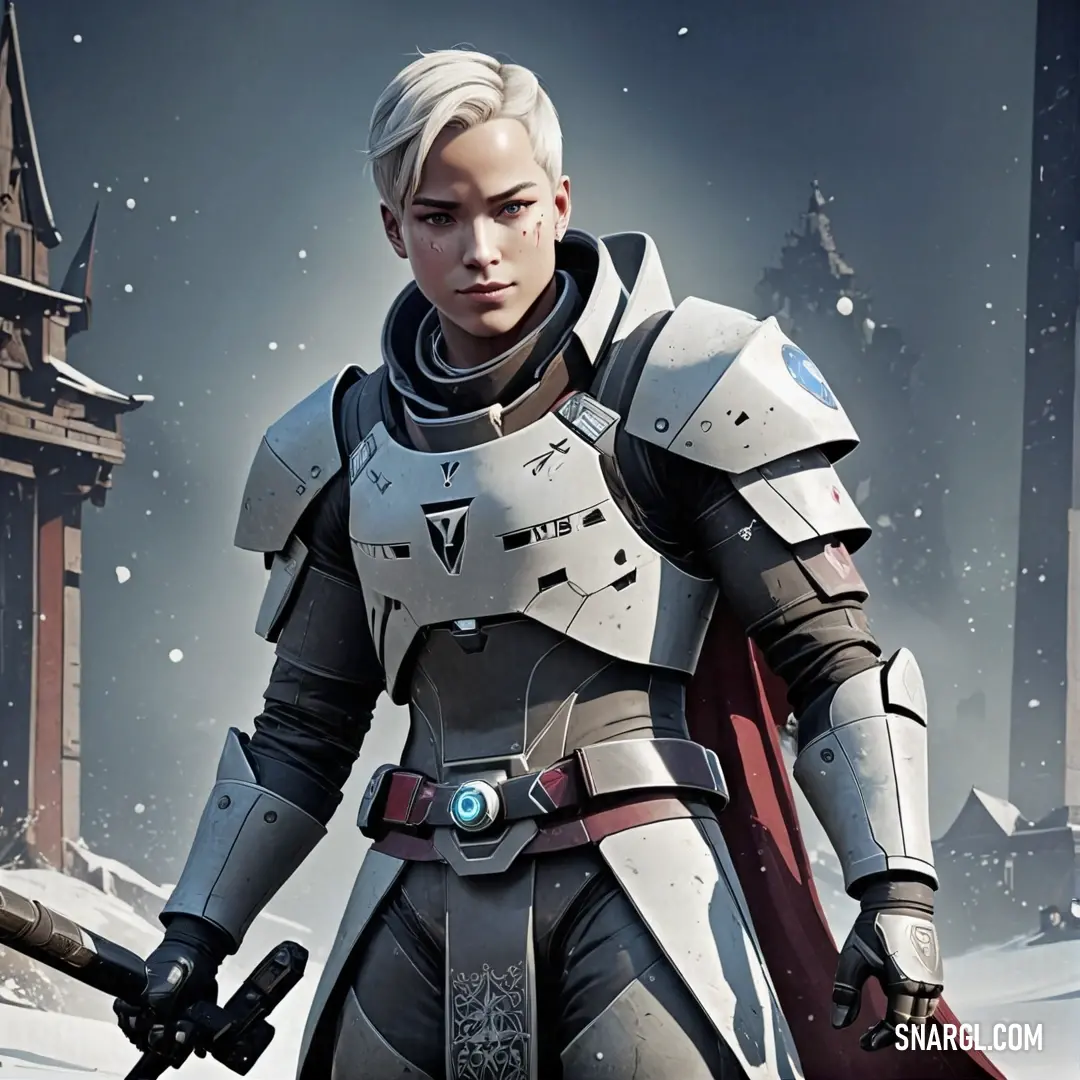 A futuristic warrior dressed in a sleek suit wields a sword amid a snowy landscape, with a majestic castle nestled in the distance, hinting at adventure and challenge.