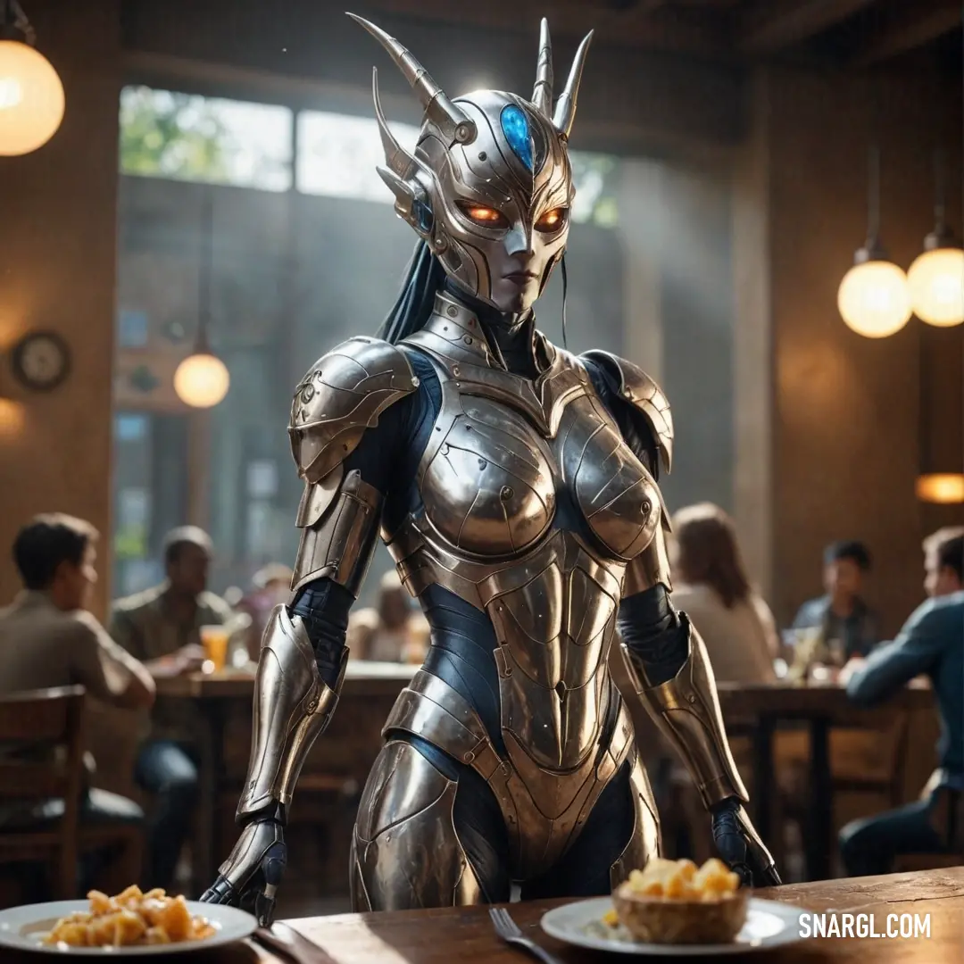 In a stylish restaurant setting, a woman in a sleek futuristic suit stands beside an enticing plate of food. The environment buzzes with energy, showcasing modern dining at its finest amidst fellow diners.