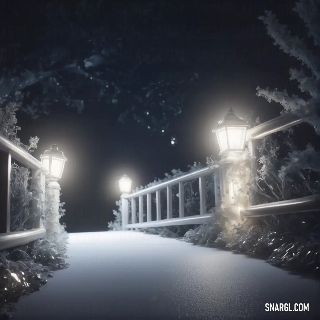 NCS S 0502-Y color. Snowy path with two lights on each side of it at night time with snow on the ground and trees