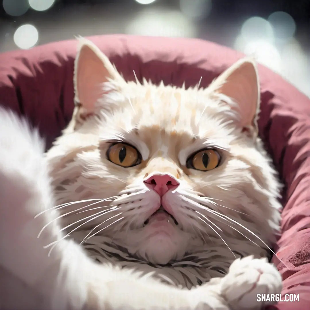 White cat with a red collar laying on a red chair with its paws on the pillow of the chair. Example of RGB 255,253,242 color.