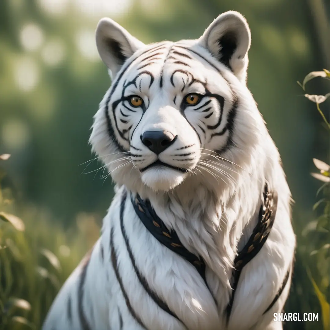 NCS S 0502-Y color. White tiger with a black collar and a white face and chest in tall grass with trees in the background
