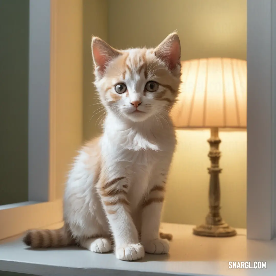 Cat on a ledge next to a lamp and a lamp shade on a table top. Color NCS S 0502-Y50R.