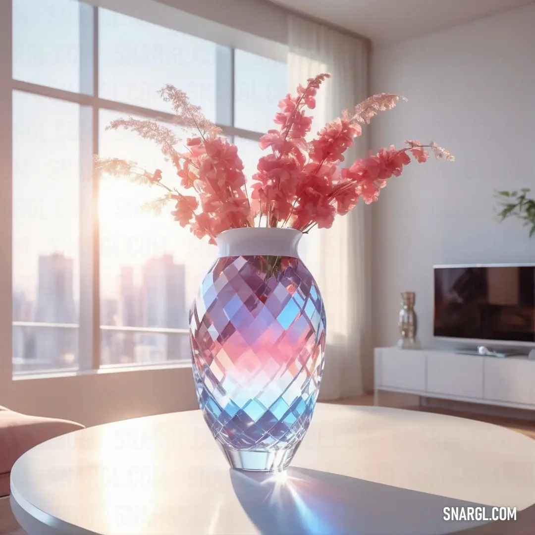 NCS S 0502-Y50R color example: Vase with flowers in it on a table in front of a window with a city view in the background