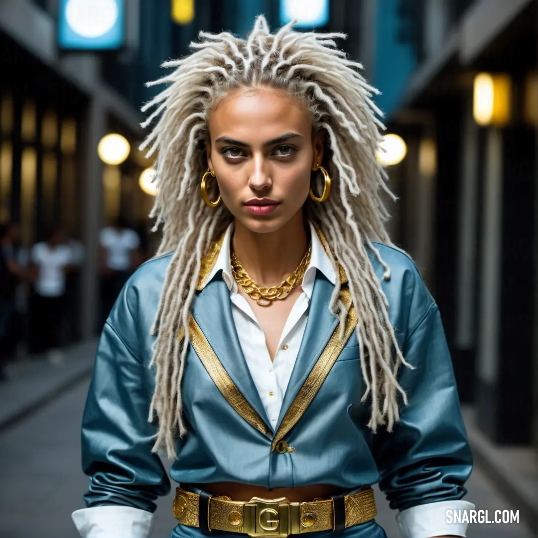 Woman with dreadlocks and a blue jacket on a street corner with a light blue background. Color NCS S 0502-Y50R.