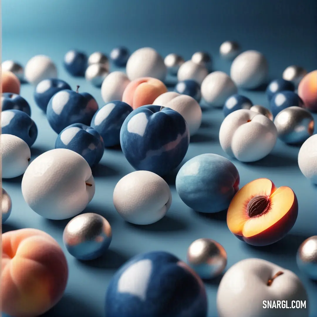 Bunch of different colored balls and a piece of fruit on a table top with a blue background. Color NCS S 0505-B.