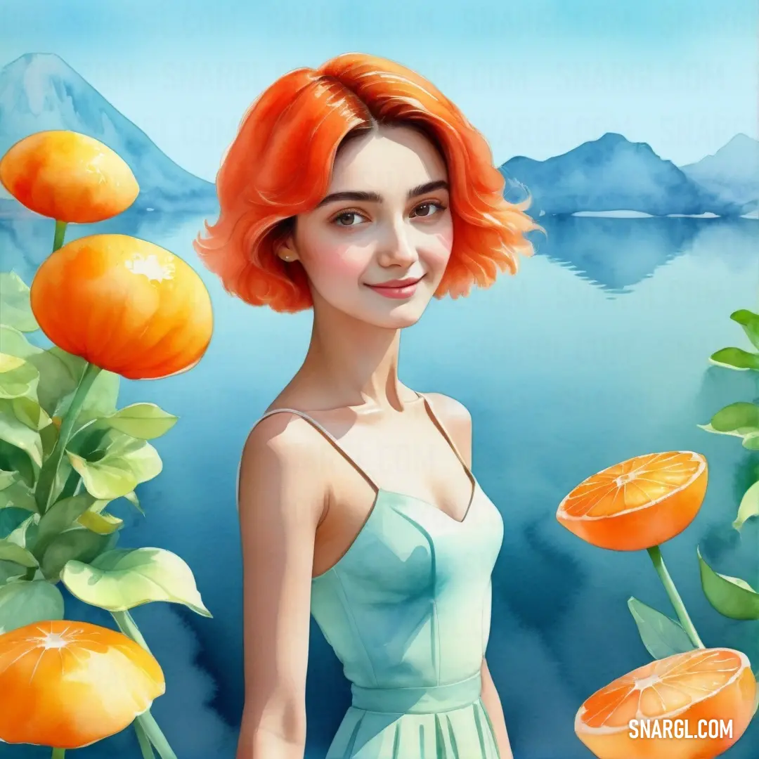 NCS S 0505-B color. Painting of a woman with red hair and oranges in the background