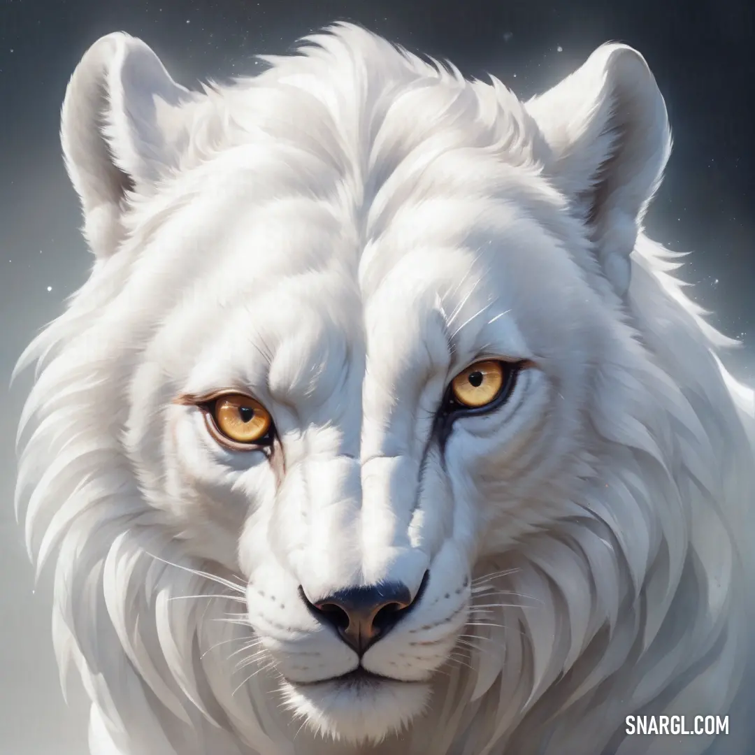 White tiger with yellow eyes and a white fur coat, staring at the camera with a dark background. Color NCS S 0505-B.