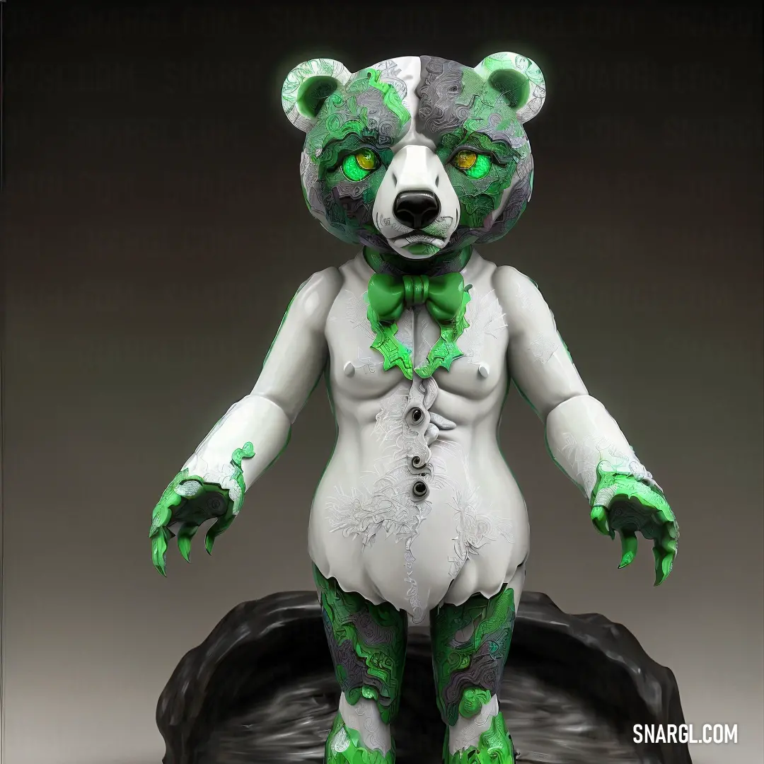 White and green teddy bear with green eyes and a green bow tie on it's chest. Color RGB 247,252,251.