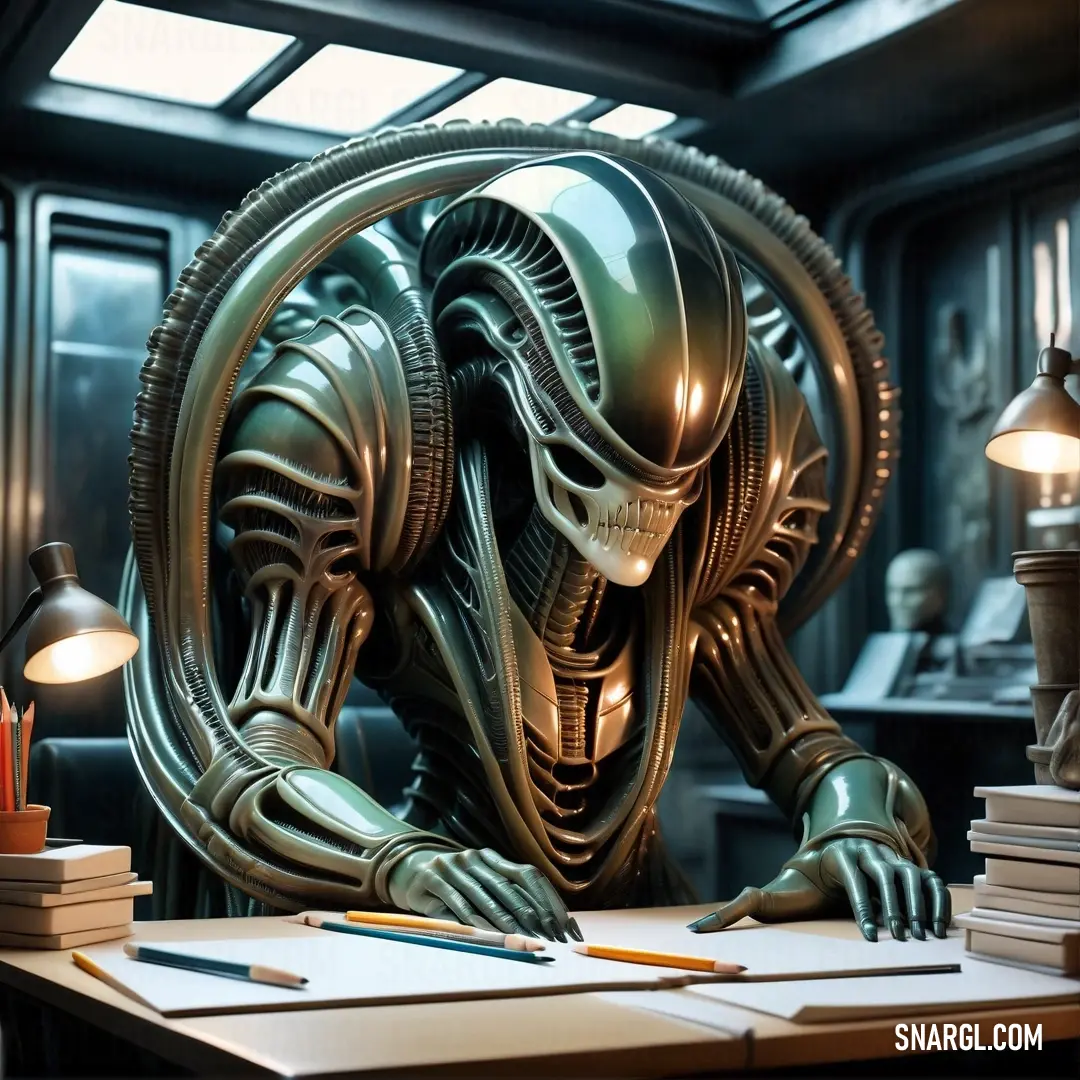 Alien at a desk with a lot of books and a pen in his hand. Example of #F8FCEE color.