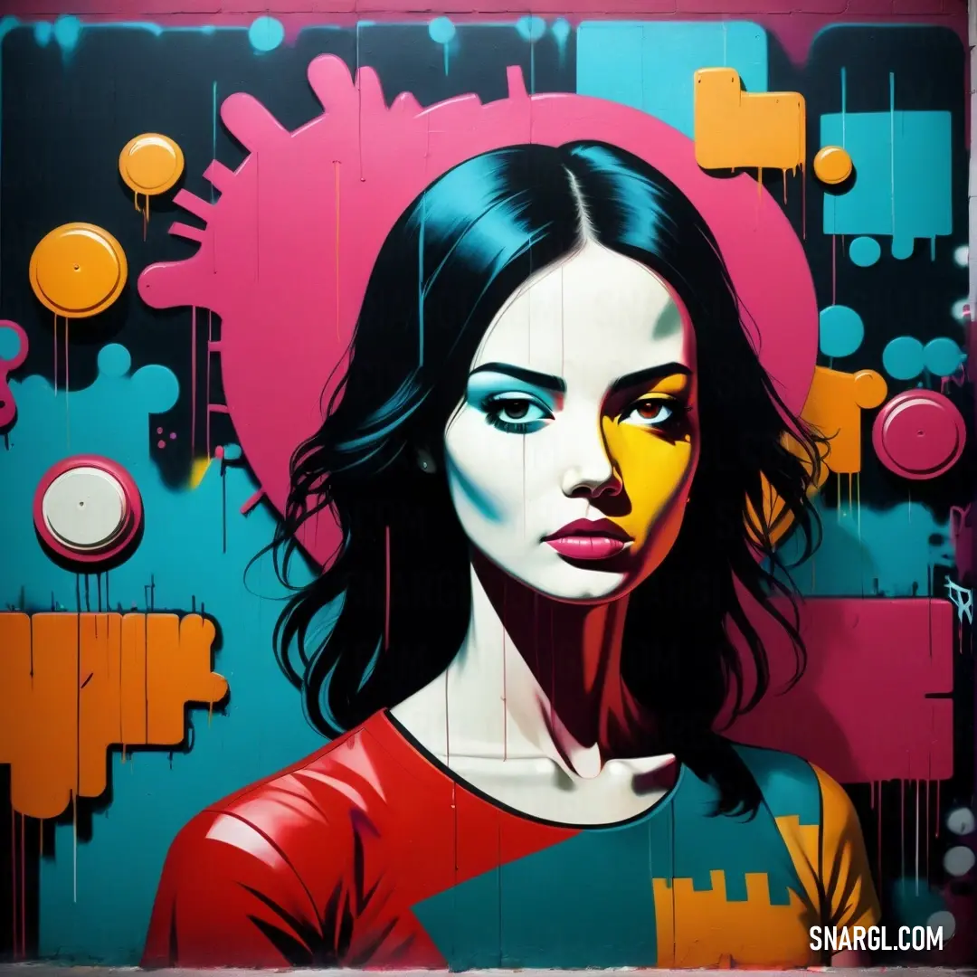 Painting of a woman with a red shirt and blue eyes and a pink background. Color #FFF4EF.