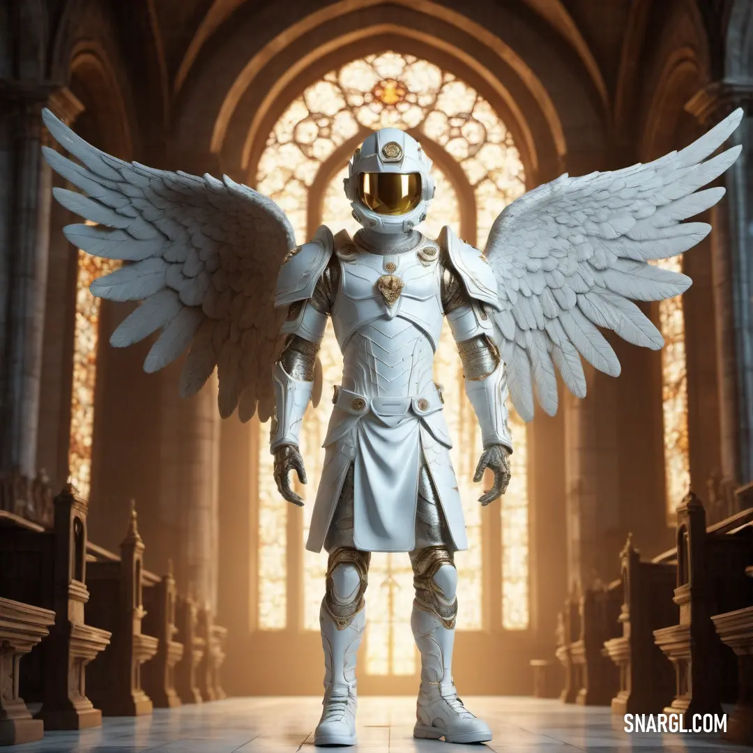 Robot with wings standing in a church with a stained glass window behind it and a large white angel statue. Color NCS S 0505-R.