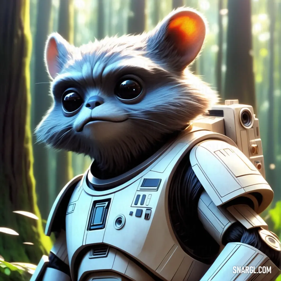 Rocket raccoon in a forest with a camera on his shoulder and a helmet on his head. Color RGB 255,243,239.