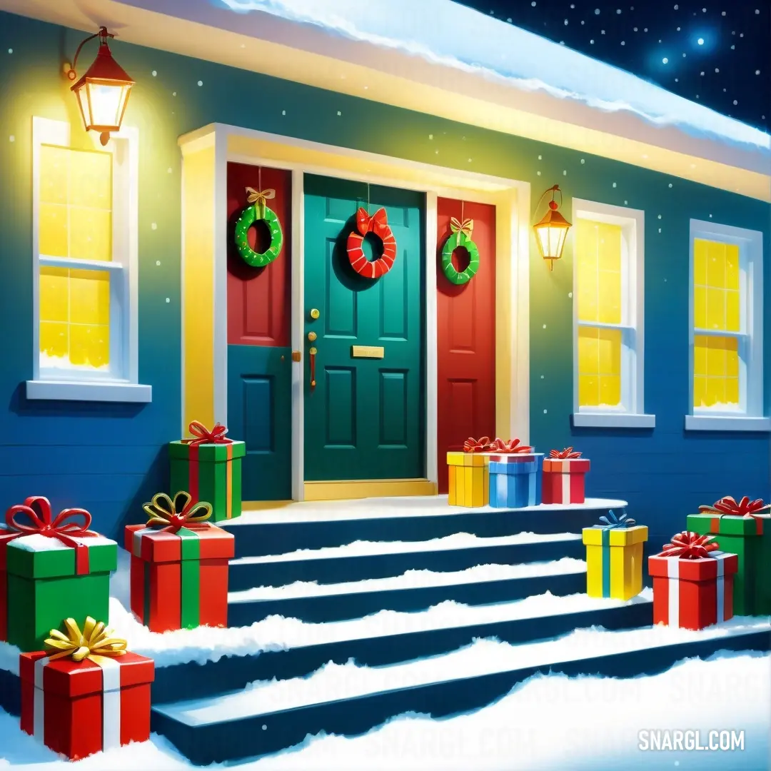 NCS S 0505-R20B color example: Christmas scene with presents outside of a house with a green door and a snow covered porch with a wreath