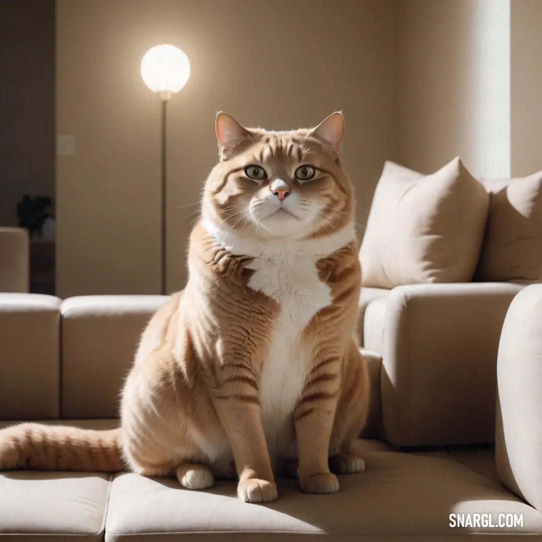 Cat on a couch in a living room with a lamp on the wall behind it. Color #FFF5F3.