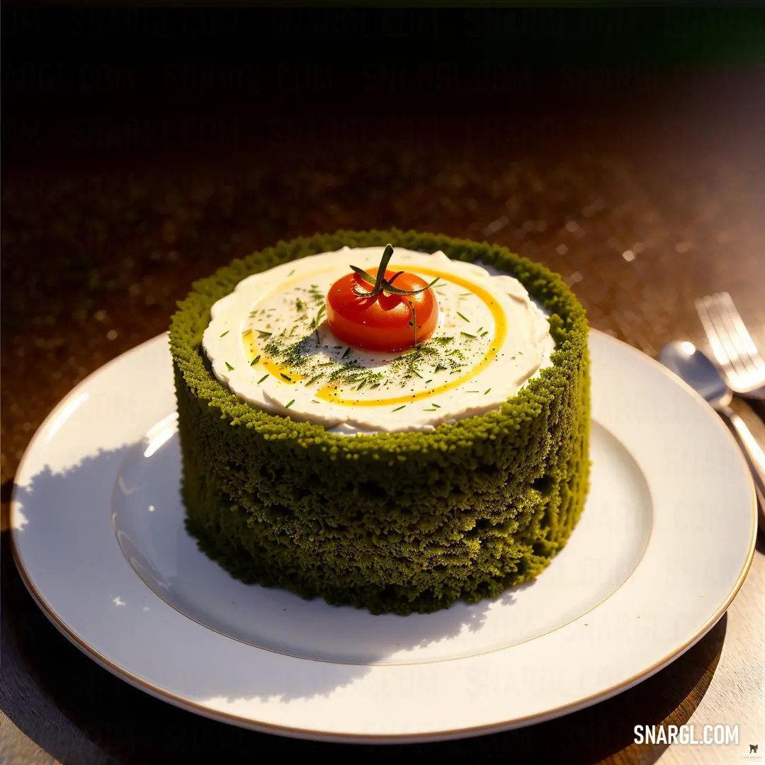 NCS S 0505-R20B color. Piece of green cake with a cherry on top of it on a plate with a fork and knife