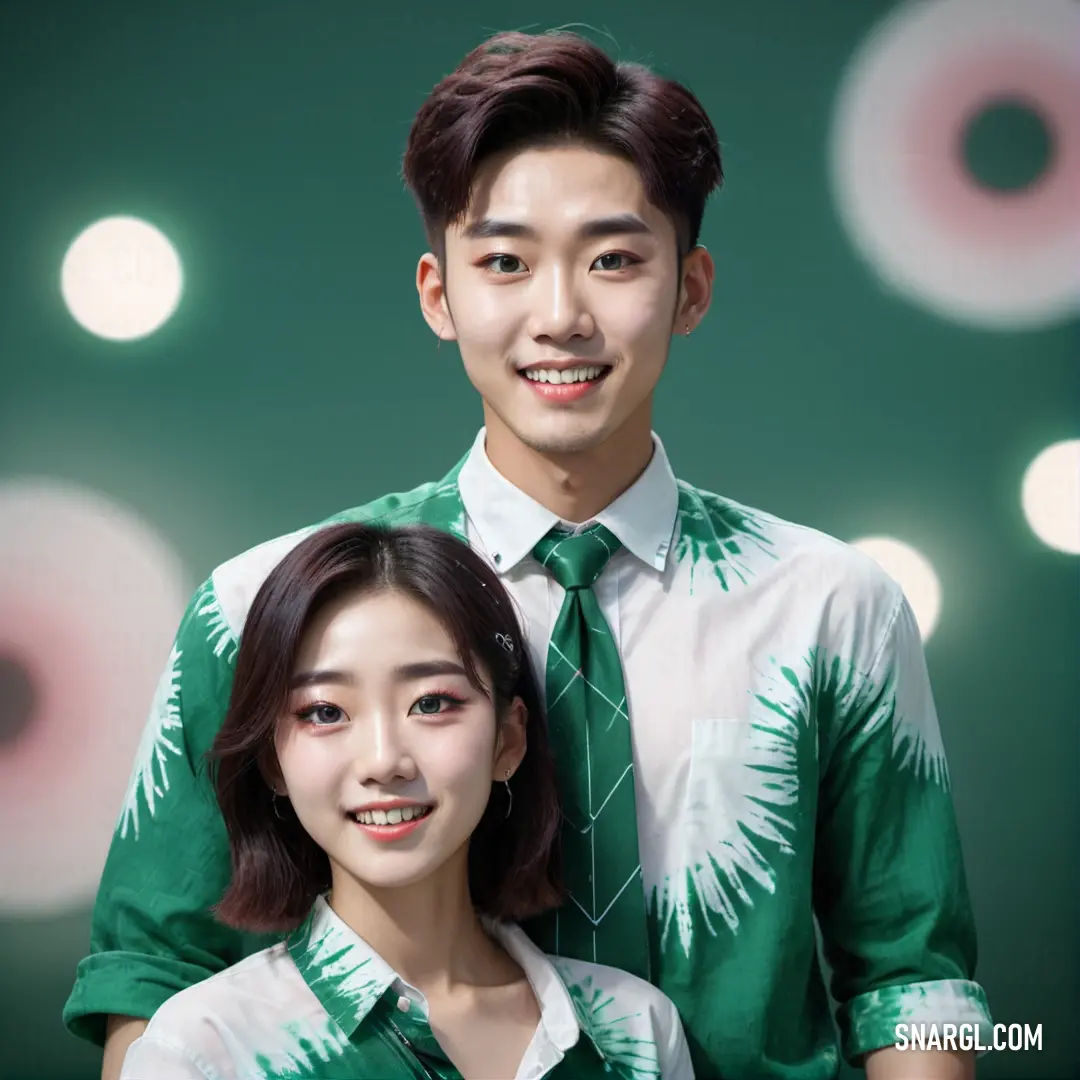 NCS S 0505-R30B color. Man and a woman are posing for a picture together in a green tie and shirt with white circles