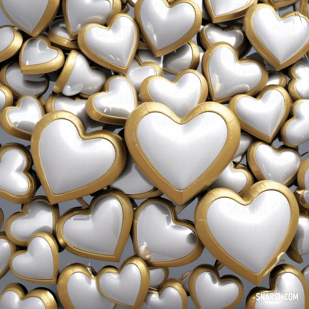 Bunch of white and gold hearts are stacked together on a gray background. Color #FFF6FA.