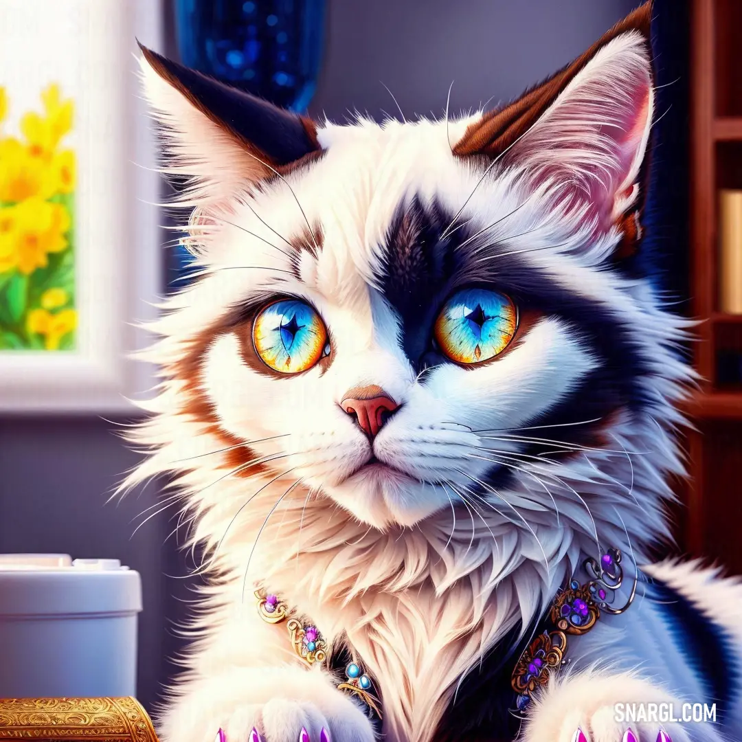 Cat with blue eyes on a table next to a vase and a cup of coffee on a table. Color NCS S 0505-R40B.